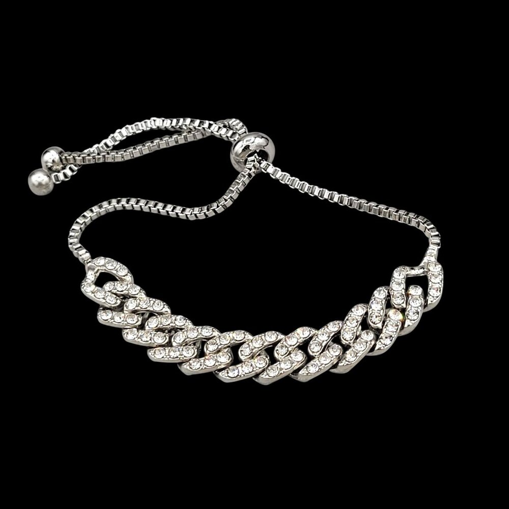 Silver Tone Encrusted Rhinestone Bracelet Flat Link Adjustable Bolo Clasp - Picture 1 of 4